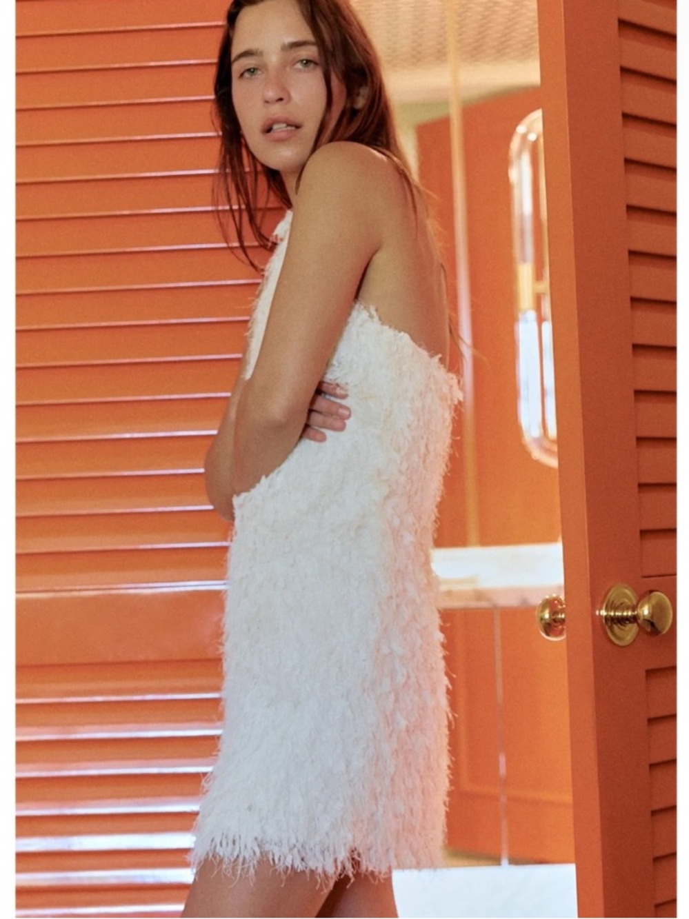 Zara Halter Feather Textured Shag Fringe White Ivory Mini Dress Size Medium - Picture 6 of 14